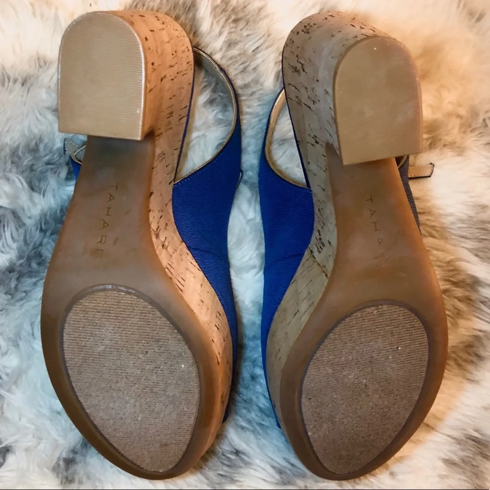 TAHARI “Misha” Blue Cork & Canvas Platform Slingback Heels